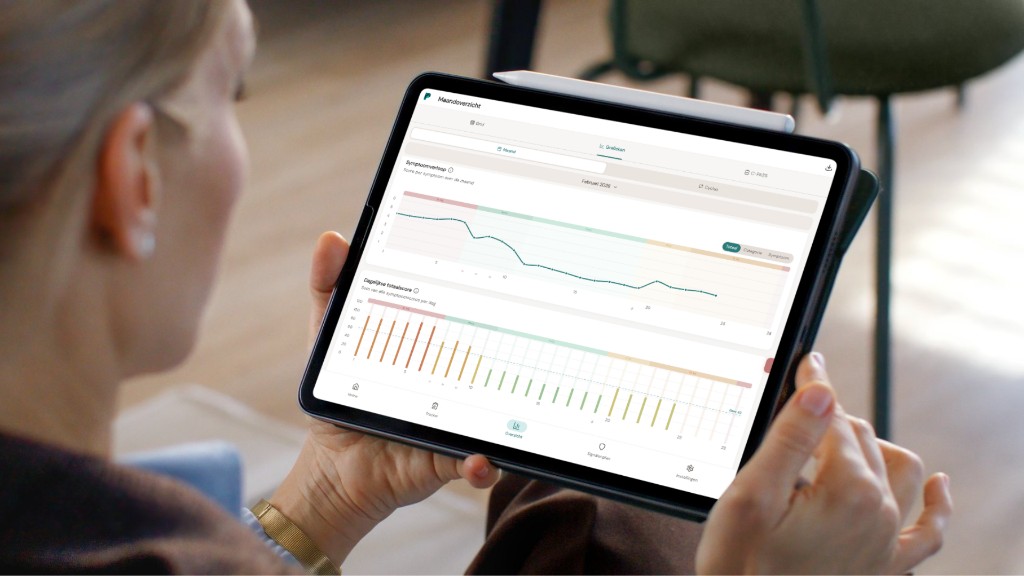 Zelf onderzoek app op iPad: maandoverzicht met symptoomtrendlijn en dagelijkse totaalscore